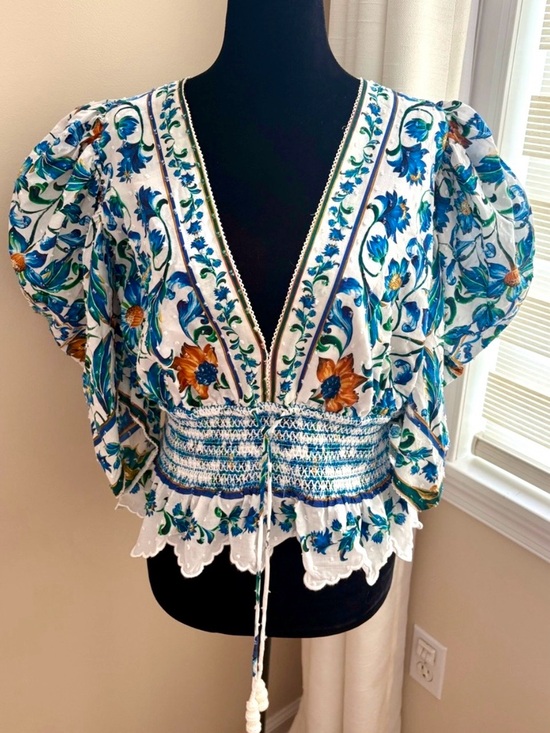 FARM Rio Tops - Farm Rio Fiora Tile Puff Sleeve Top- Like New - Anthropologie - $198 Retail